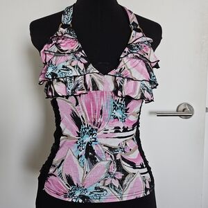 D.i.a Gyaru Tropical Floral Pink And Blue Ruffle Halter Top Sheer Lace Panels